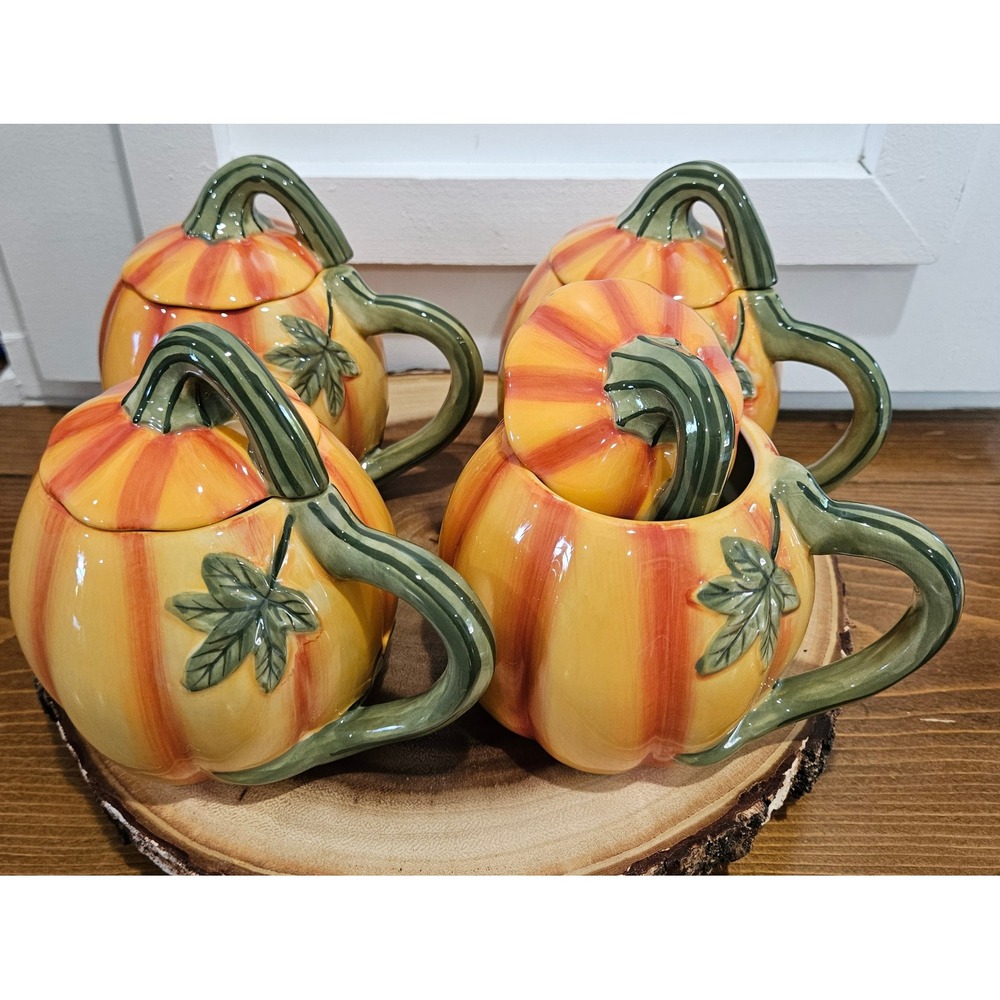 Vintage Discontinued Mesa Pumpkin Stoneware Mugs with Lids Set of 4 Fall Harvest